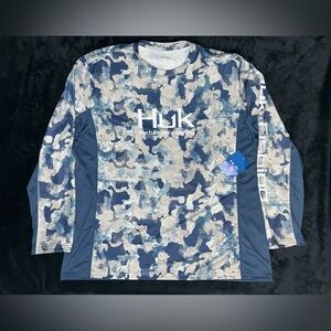 Huk Icon X Refraction Mens 2XL Blue Camo Performance Fishing Shirt Vented NWT